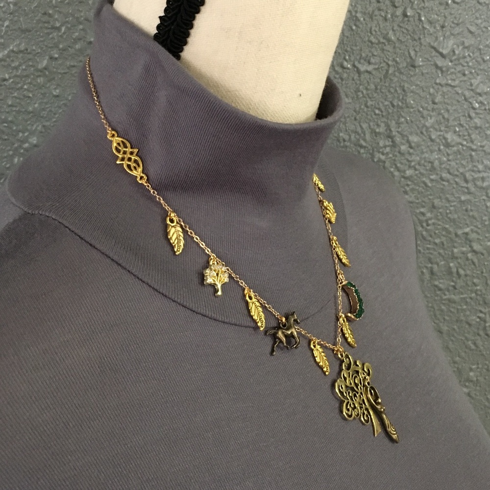 Danu Celtic Forest Goddess Handmade Necklace, Gold Tree, Green Druzy Moon, Crown - Picture 9 of 15